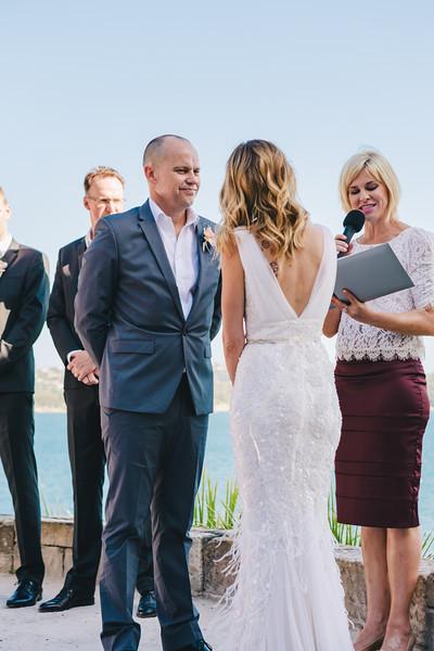 Waterfront vows, bride and groom