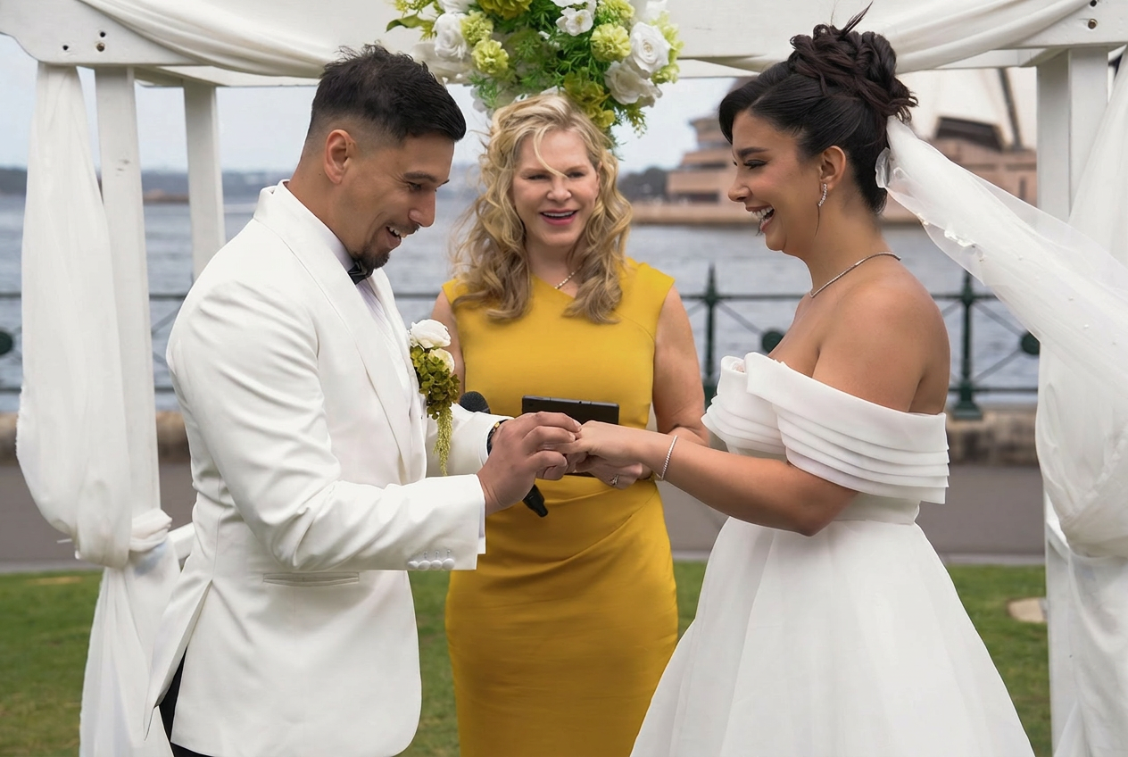 Ring exchange beneath a harbourside gazebo with Nicole Webster